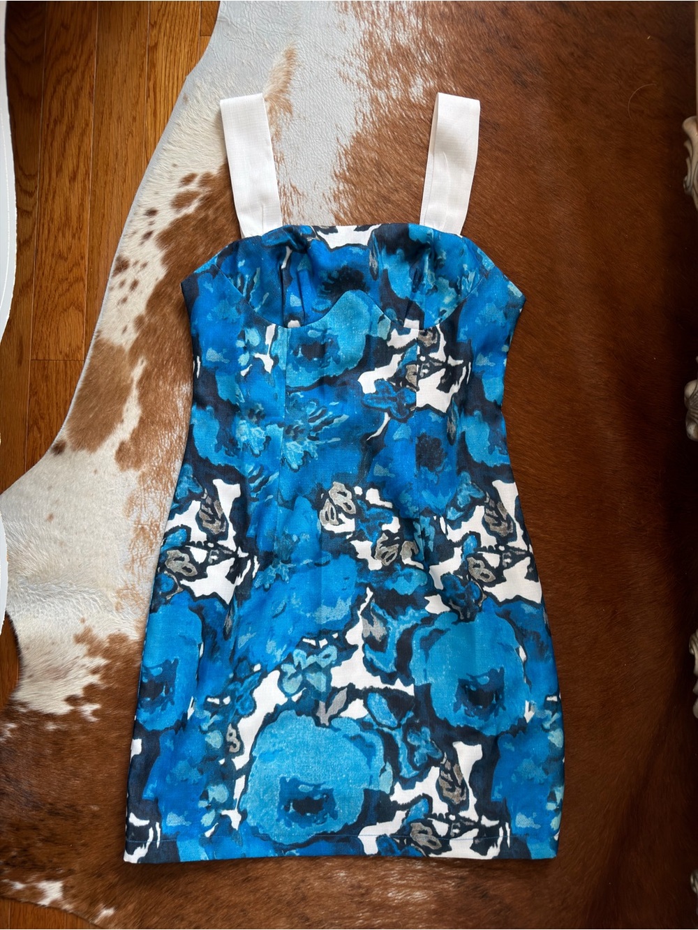 Commense Blue Floral Mini Dress with White Straps